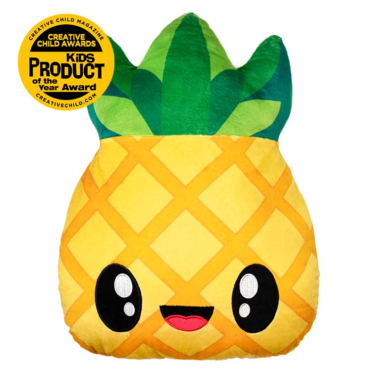 Green and yellow Pineapple Smillows Pineapple scented Plush with Top Summer Toy, kids product of the year award badge from the 2019 creative child magazine