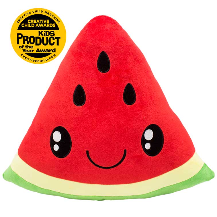Red and green Watermelon Smillows Watermelon scented Plush with Top Summer Toy, kids product of the year award badge from the 2019 creative child magazine