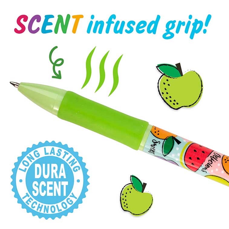 Close up of green apple tri color gel smens Out of Packaging, focused on the scented infused grip