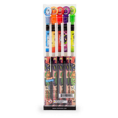 The back of the packaging of the pack of 5 Halloween Smencils, Scented Pencils