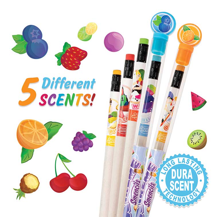 Pineapple,Strawberry, Watermelon,Blueberry, and Tangerine surrounded by illustrations of the five different scents