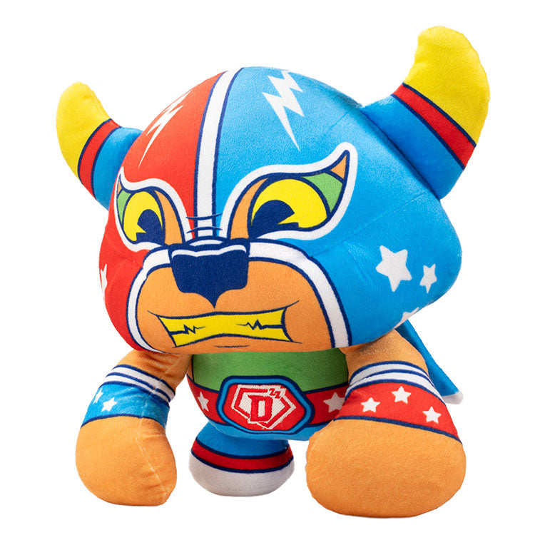 Bedtime Defenderz Red,Blue and Orange plush named El Sonador in a three quarter view